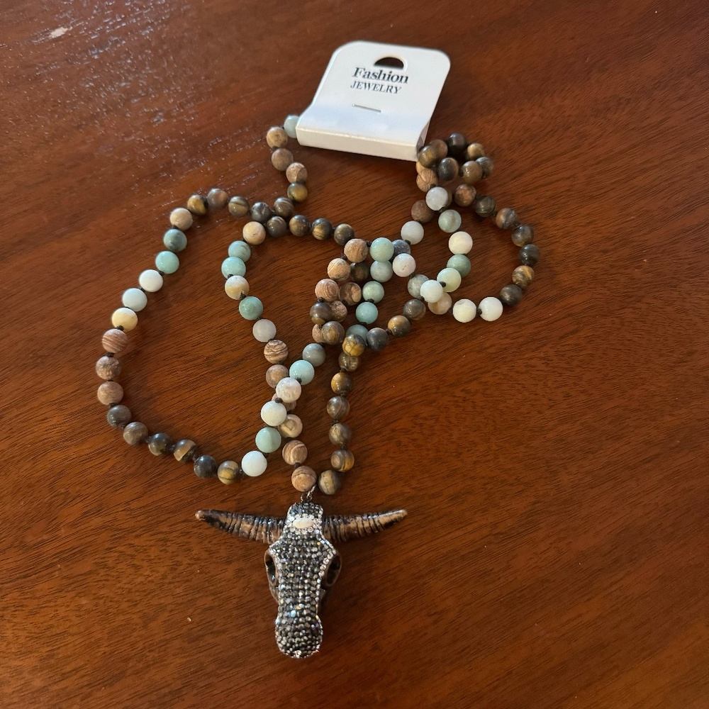 Beaded Rhinestone Bull Necklace